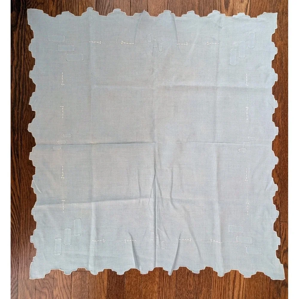 Vtg MCM Small Light Blue White Accent Tablecloth Linen Square 35x35